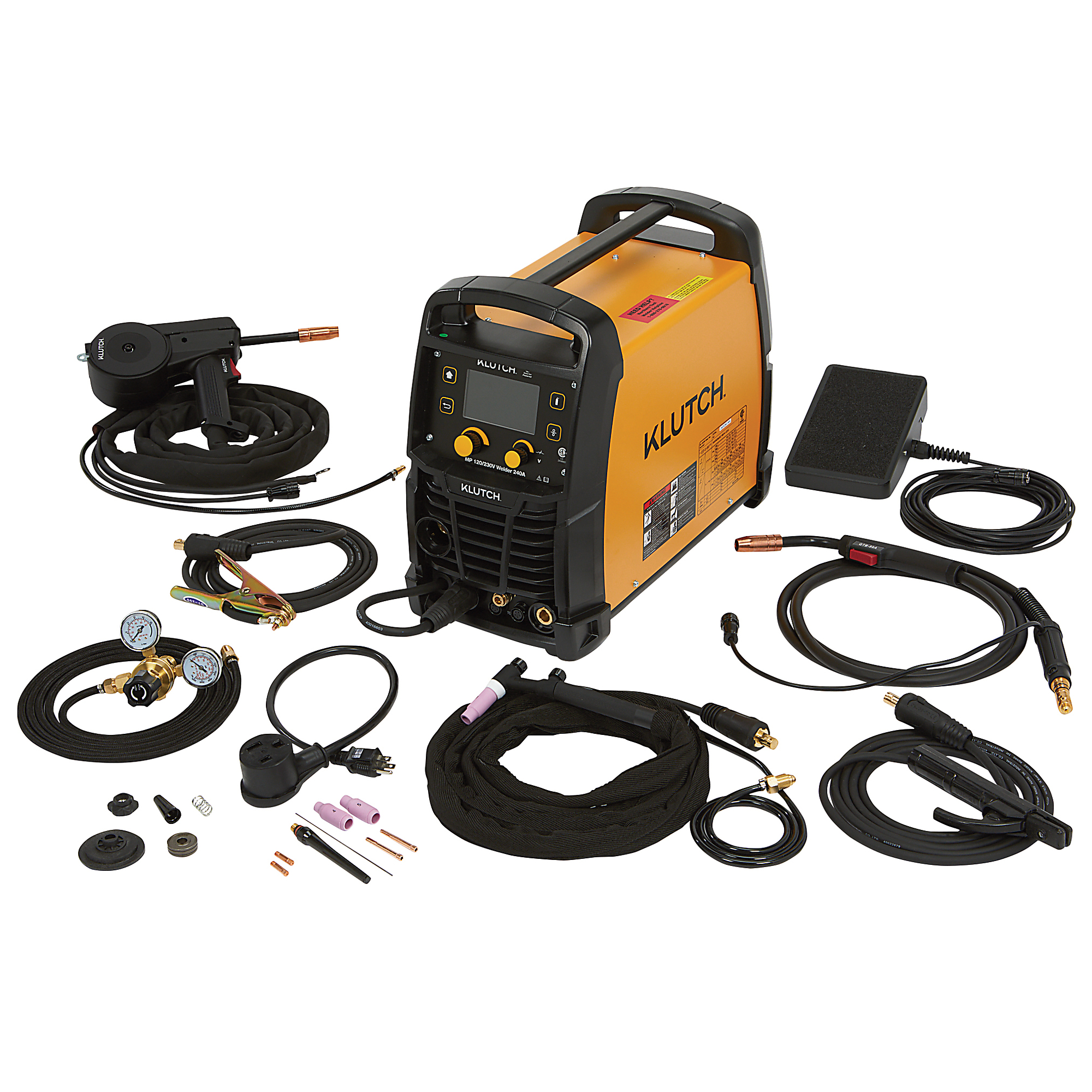 Klutch Dual-Voltage 4-in-1 Multi-Process Welder, 240A, 120/230V, MIG/Flux-Core/TIG/Stick, LCD Display, Spool Gun, Inverter Technology, MIG Ready